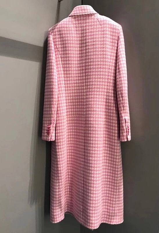 Pink Houndstooth Long Lapel Coat