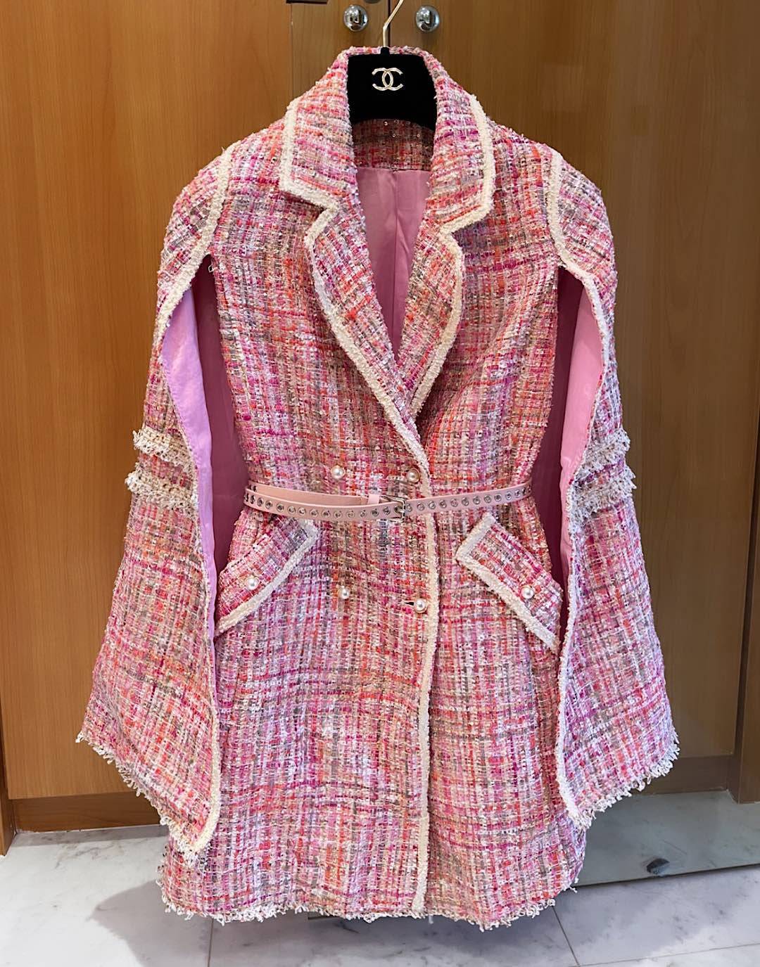 Pink Tweed Cape Belted Coat