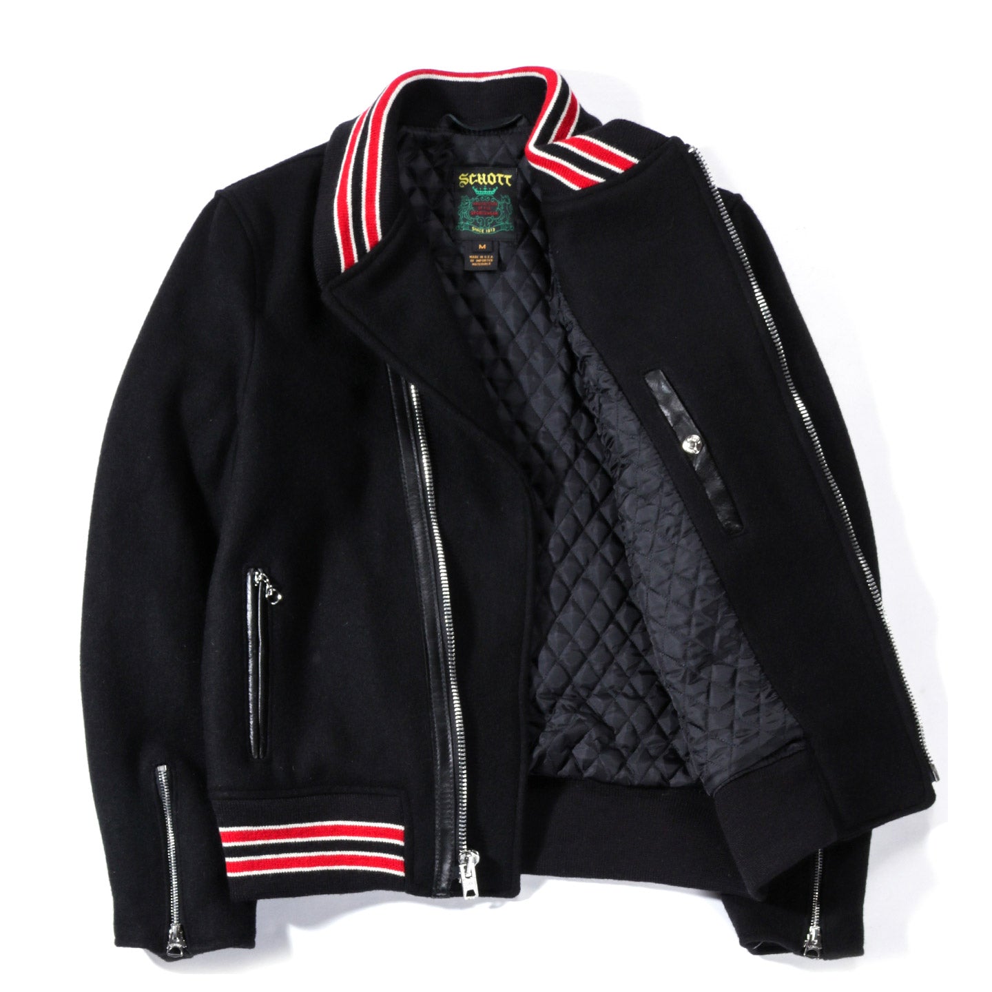 SCHOTT WOOL MOTO VARSITY JACKET BLACK