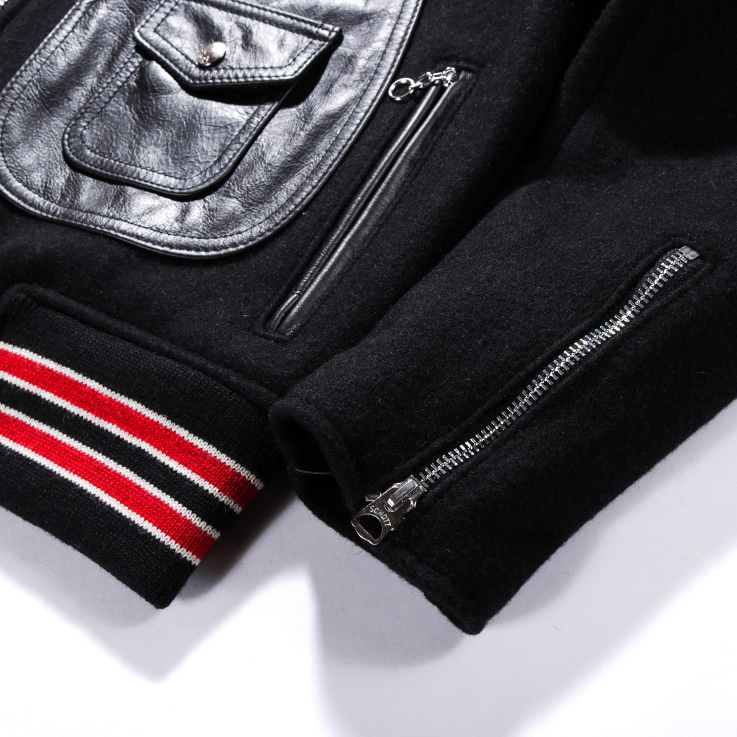 SCHOTT WOOL MOTO VARSITY JACKET BLACK