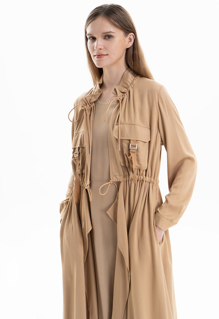 Solid Elasticated Drawstring Long Jacket