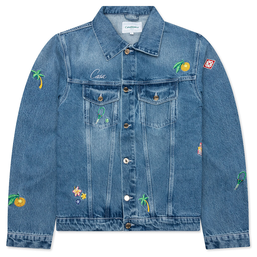 Stone Wash Denim Embroidered Motif Jacket - Stone Wash