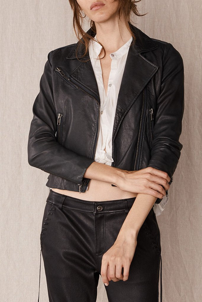 The New Yorker Motor Jacket Worn in Charcoal Leather