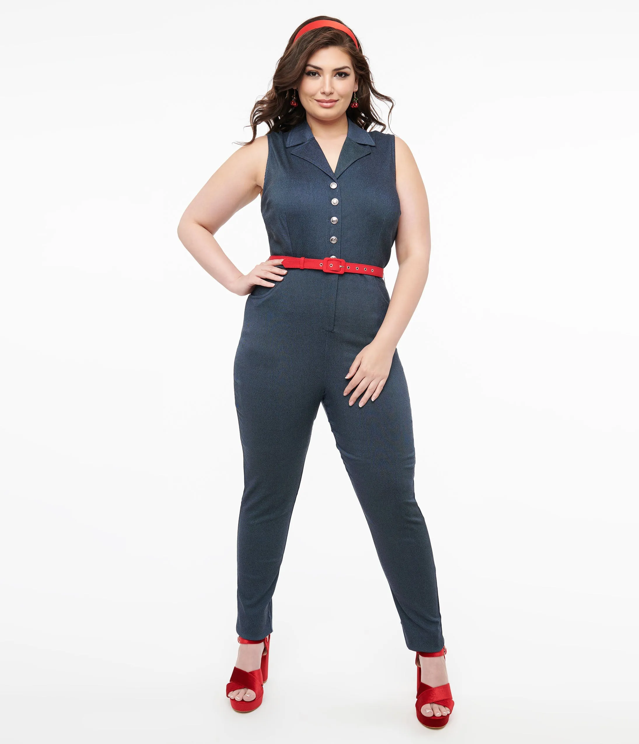 Unique Vintage Plus Size Blue Denim & Red Belt Skinny Jumpsuit