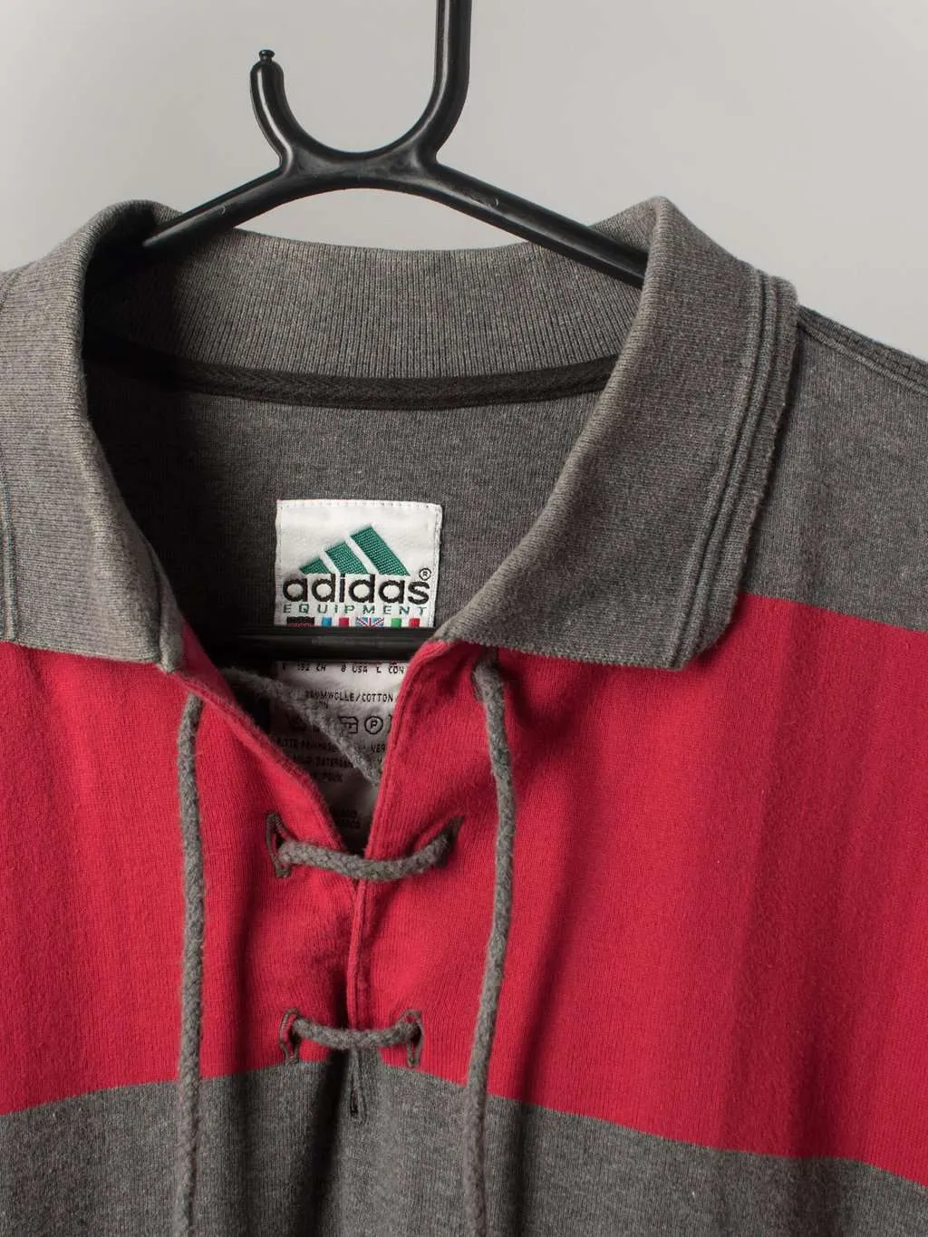 Vintage 90s Adidas Equipment long sleeve polo shirt red and grey with lace-up neck – Large