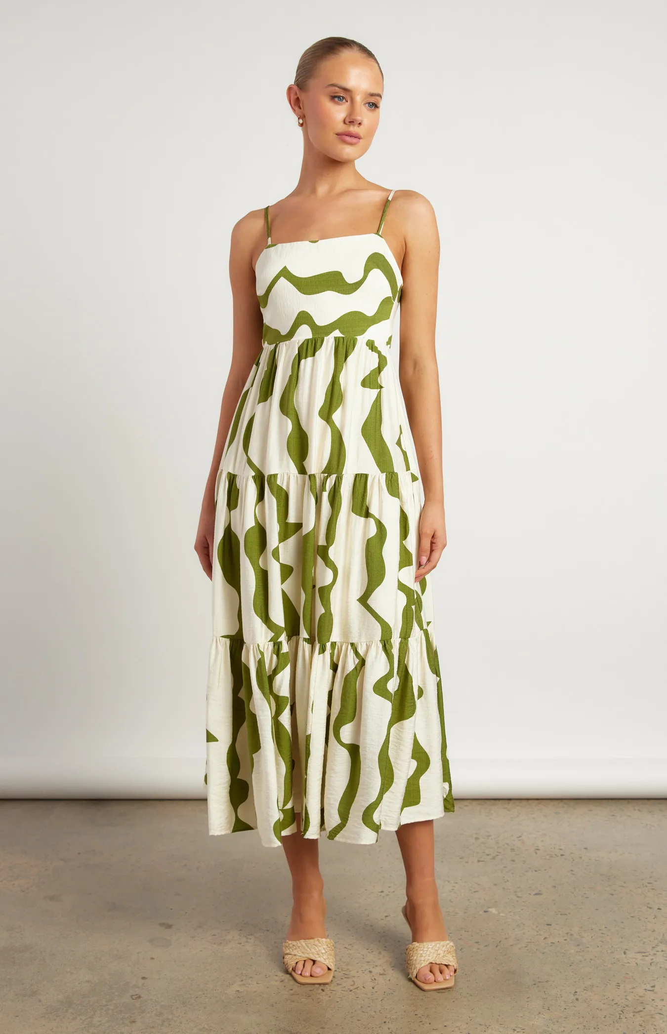 Wave Print Tiered Midi dress with Tie Back Detail (WDR729A)