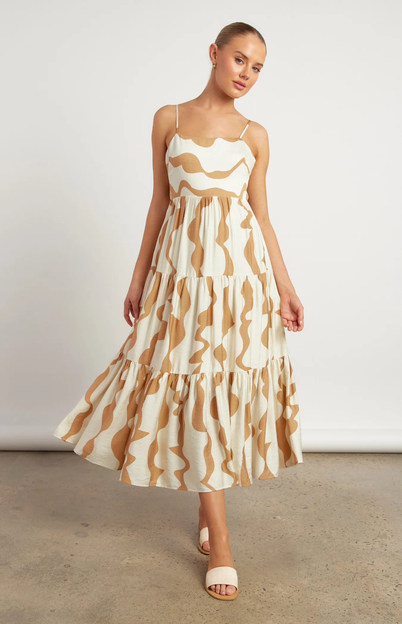 Wave Print Tiered Midi dress with Tie Back Detail (WDR729A)