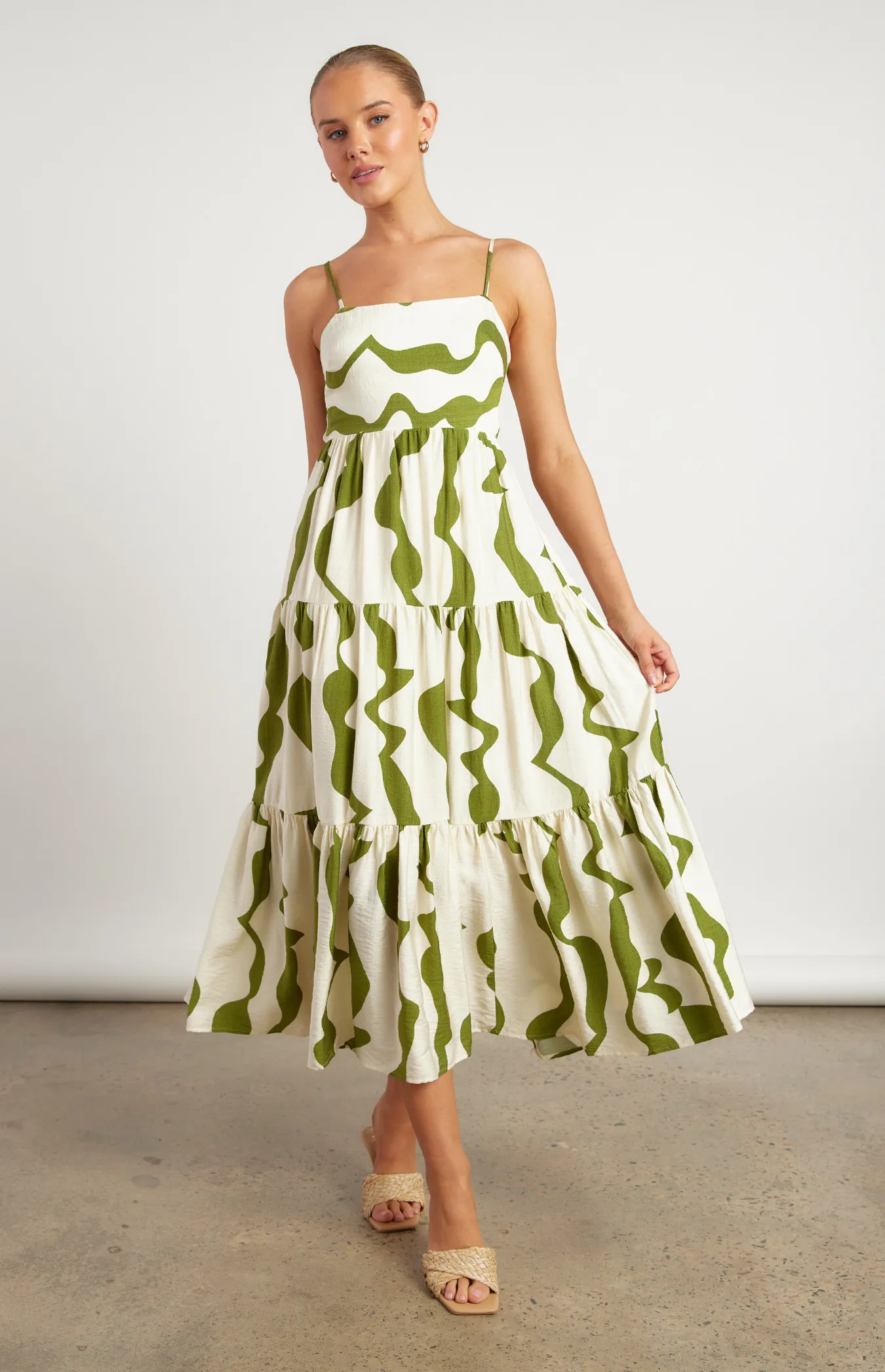 Wave Print Tiered Midi dress with Tie Back Detail (WDR729A)